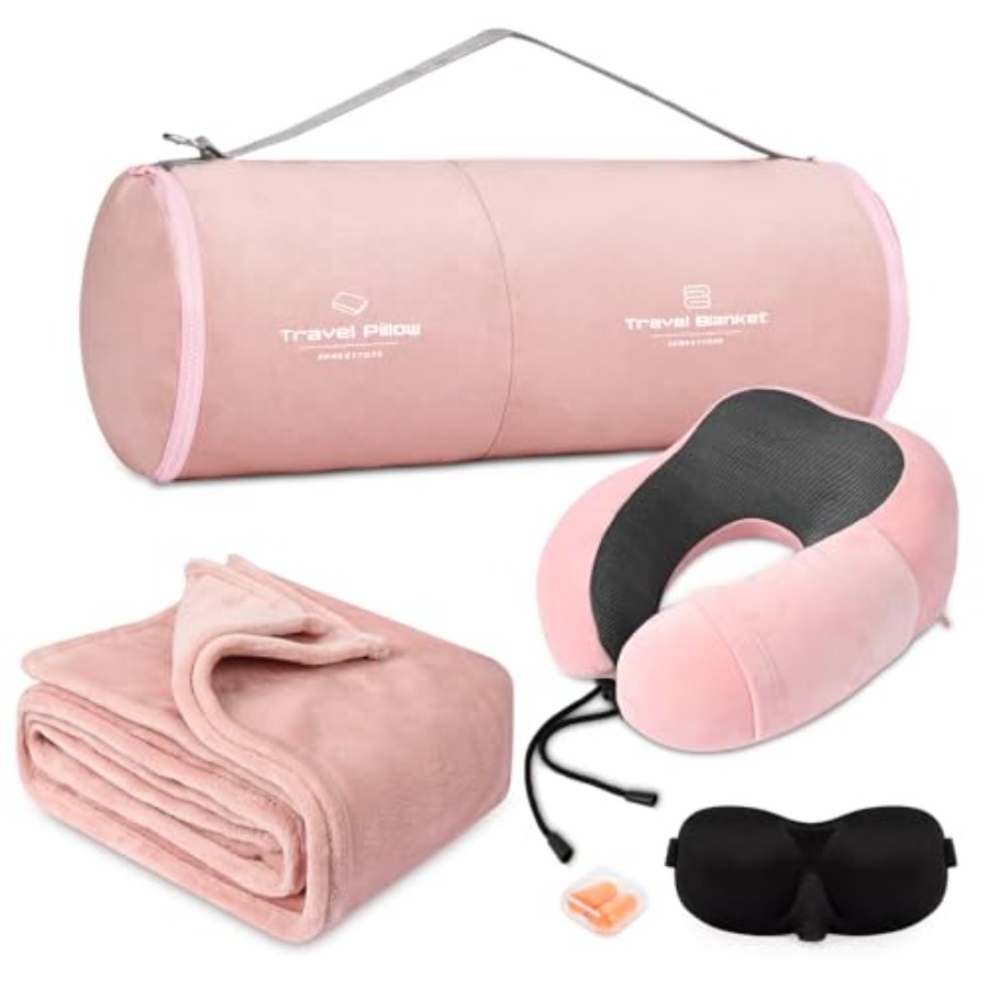 Neck Pillow Memory Foam - Travel Pillow and Blanket Set Neck