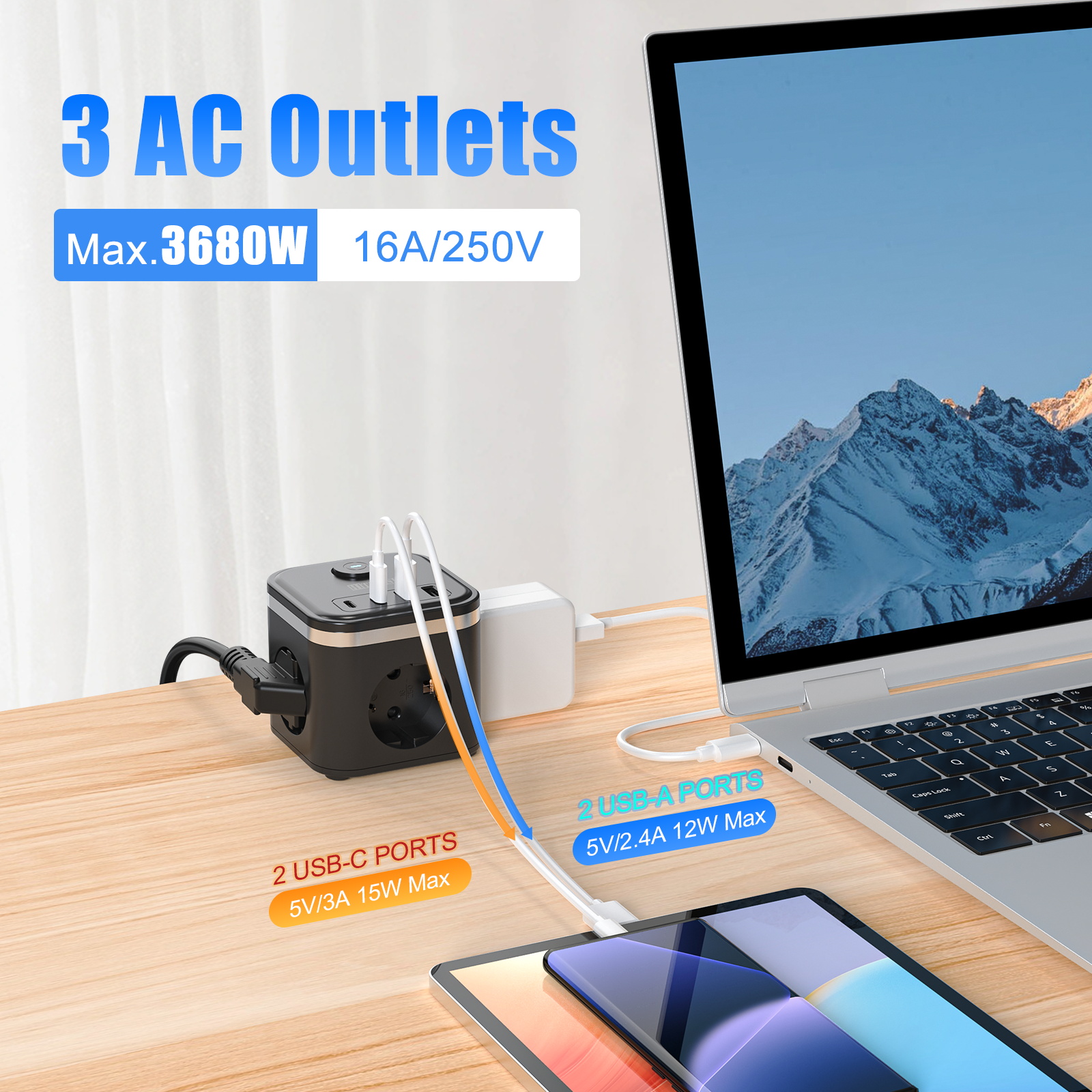 3680W EU Flat Plug Power Strip - Cable Lock Combination incelemesi ve fiyatı